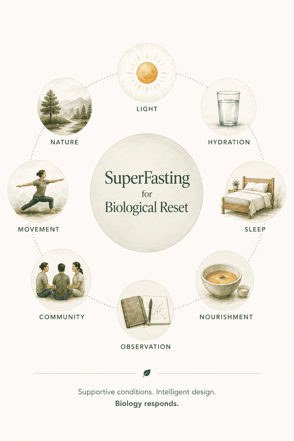 Illustration showing the supportive biological conditions that work together during SuperFasting.