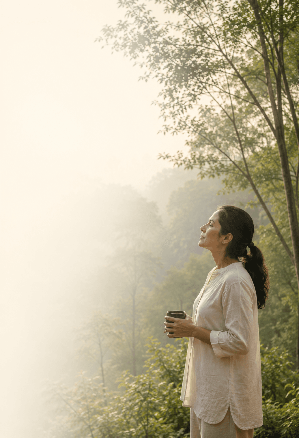 Woman standing peacefully in a forest at sunrise